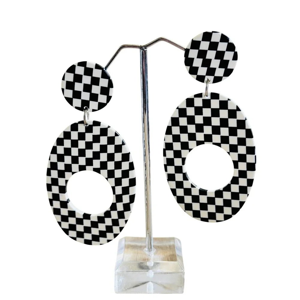 VTG Funky Flashy Checkered Earrings Lucite Runway Rave Dangle 80s Statement Post